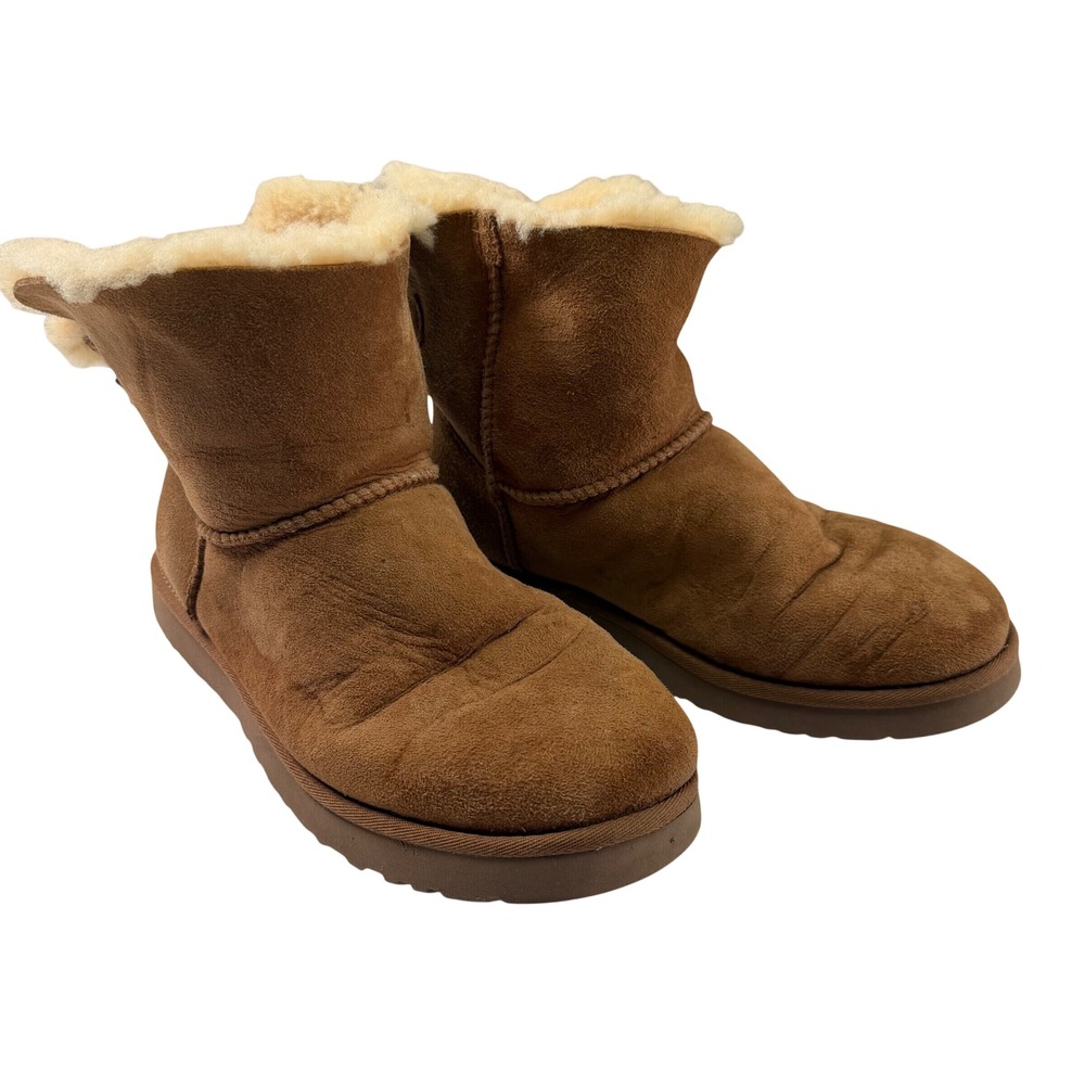 UGG Mini Bailey Bow Chestnut Suede Shearling Boots Women's Size 10